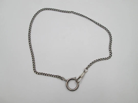 Pocket watch curb link chain. Sterling silver. Spring ring clasp and carabiner. 1930's