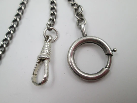 Pocket watch curb link chain. Sterling silver. Spring ring clasp and carabiner. 1930's