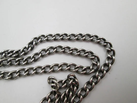 Pocket watch curb link chain. Sterling silver. Spring ring clasp and carabiner. 1930's