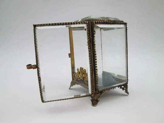 Pocket watch exhibition display cabinet table box. Gold plated metal and beveled glass