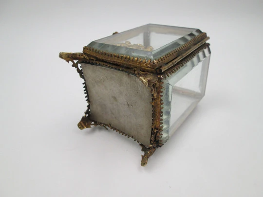 Pocket watch exhibition display cabinet table box. Gold plated metal and beveled glass