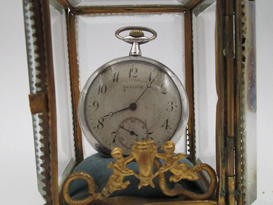 Pocket watch exhibition display cabinet table box. Gold plated metal and beveled glass