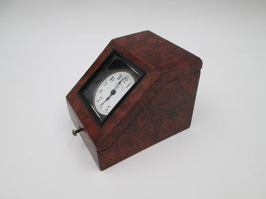 Pocket watch exhibition table box. Root wood, golden metal and beveled glass. 1920's