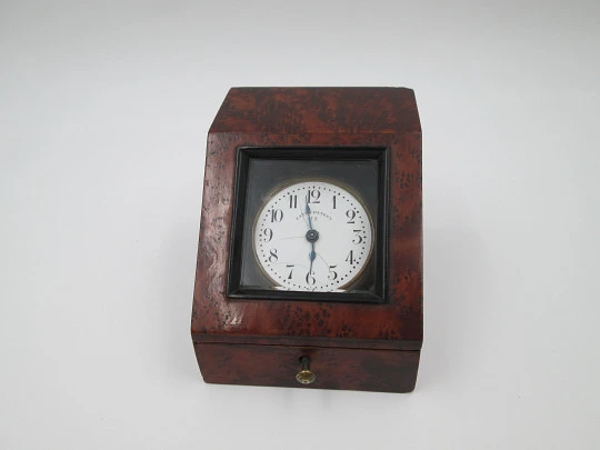 Pocket watch exhibition table box. Root wood, golden metal and beveled glass. 1920's