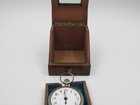 Pocket watch exhibition table box. Root wood, golden metal and beveled glass. 1920's