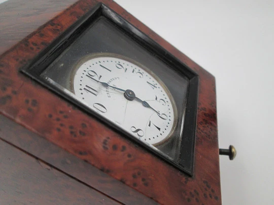 Pocket watch exhibition table box. Root wood, golden metal and beveled glass. 1920's