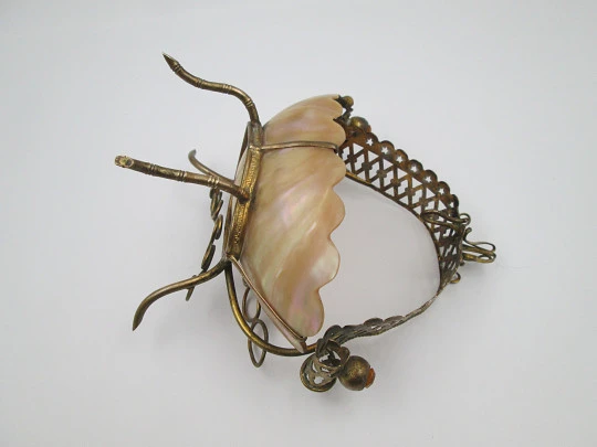 Pocket watch exhibition table holder with pen stand. Gold plated and mother of pearl shell