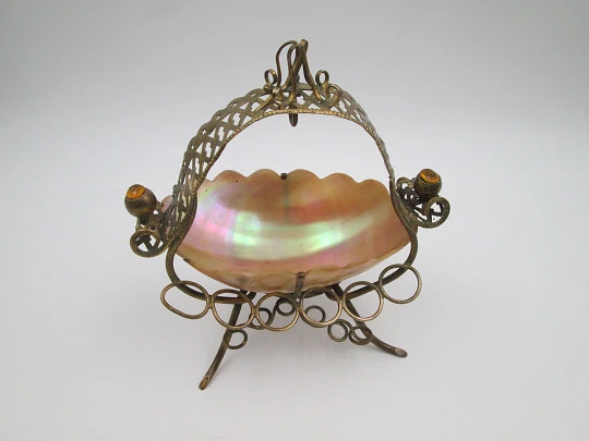 Pocket watch exhibition table holder with pen stand. Gold plated and mother of pearl shell