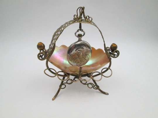 Pocket watch exhibition table holder with pen stand. Gold plated and mother of pearl shell