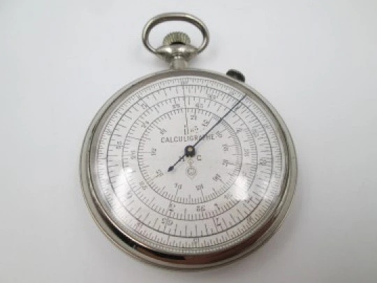 Pocket watch slide rule Calculigraphe. HC París. Silver plated metal. 1900's