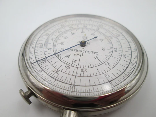 Pocket watch slide rule Calculigraphe. HC París. Silver plated metal. 1900's