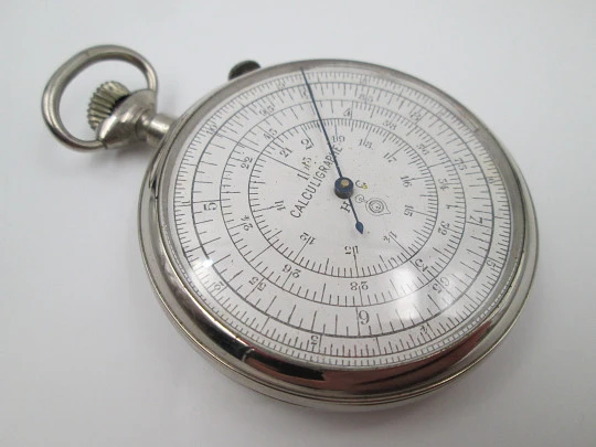 Pocket watch slide rule Calculigraphe. HC París. Silver plated metal. 1900's