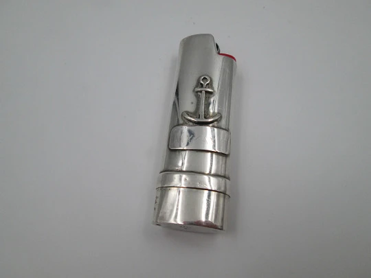 Pretty sterling silver BIC big lighter cover. Anchor motif on front. Spain. 1990's