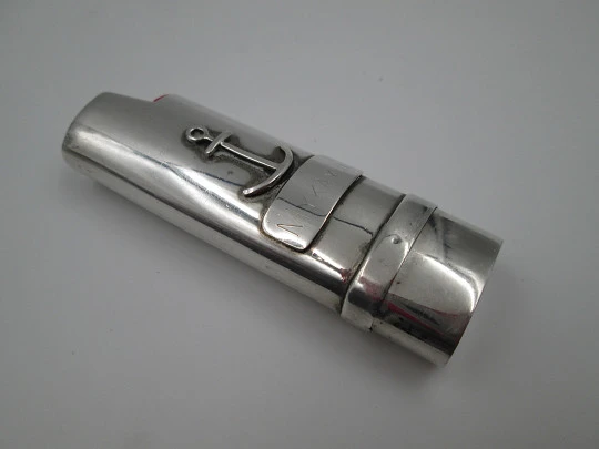 Pretty sterling silver BIC big lighter cover. Anchor motif on front. Spain. 1990's