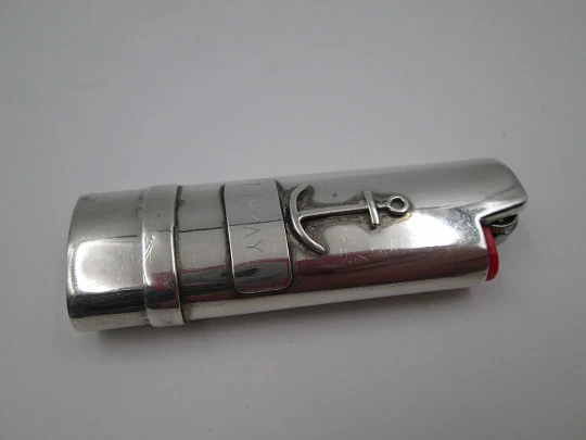 Pretty sterling silver BIC big lighter cover. Anchor motif on front. Spain. 1990's