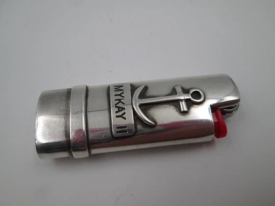 Pretty sterling silver BIC little lighter cover. Anchor motif on front. Spain. 1990's