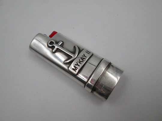 Pretty sterling silver BIC little lighter cover. Anchor motif on front. Spain. 1990's