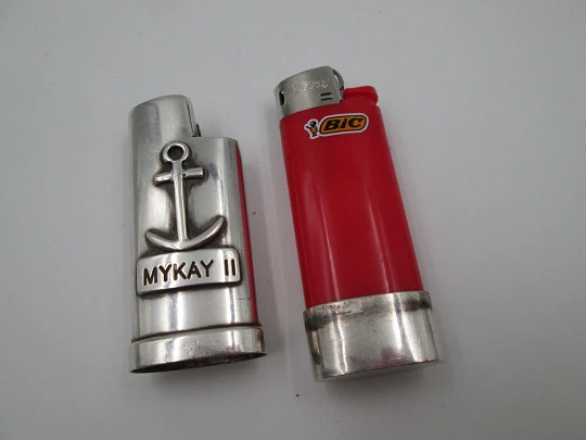 Pretty sterling silver BIC little lighter cover. Anchor motif on front. Spain. 1990's