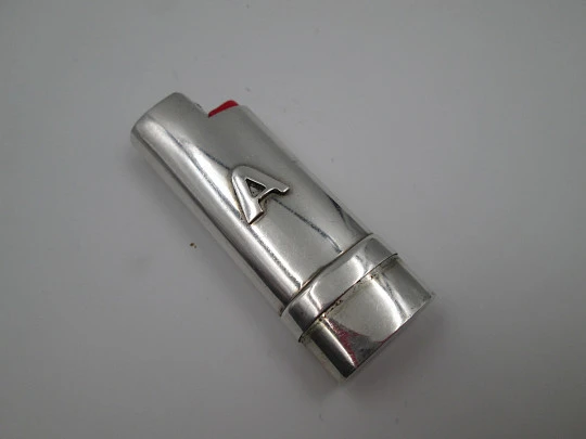 Pretty sterling silver BIC little lighter cover. Letter A motif on front. Spain. 1990's