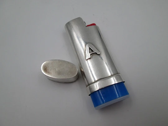 Pretty sterling silver BIC little lighter cover. Letter A motif on front. Spain. 1990's