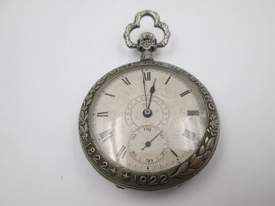 Prima open-faced pocket chronometer. Nickel plated metal. Independence of Brazil. 1922