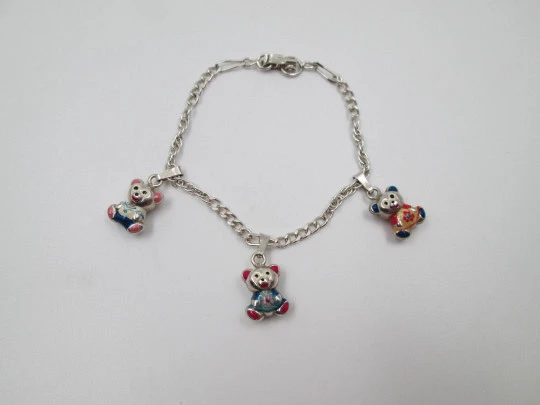 Pulsera de eslabones en plata de ley para mujer con colgantes esmaltados de osos. 1990