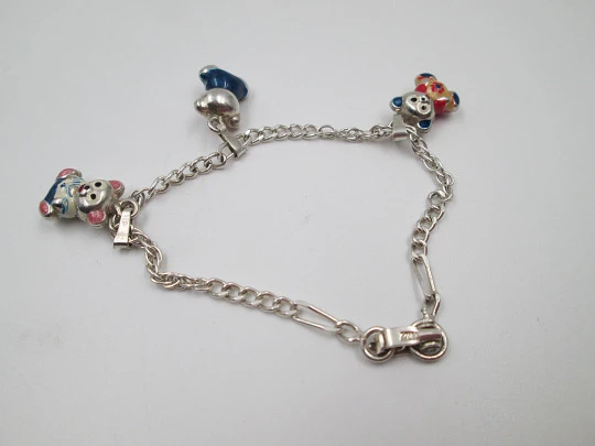 Pulsera de eslabones en plata de ley para mujer con colgantes esmaltados de osos. 1990