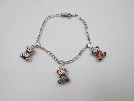 Pulsera de eslabones en plata de ley para mujer con colgantes esmaltados de osos. 1990