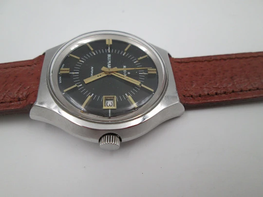 Radiant Blumar. Stainless steel. Automatic. Calendar. Iridescent sphere. 1970's