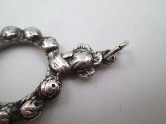 Rare finger decennary rosary pendant. Sterling silver. Virgin and crucifix. Spain. 1940's