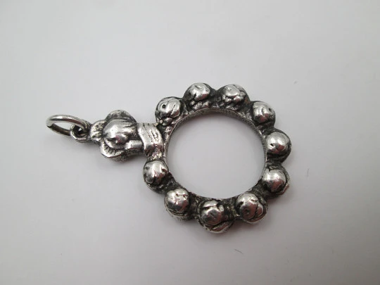 Rare finger decennary rosary pendant. Sterling silver. Virgin and crucifix. Spain. 1940's