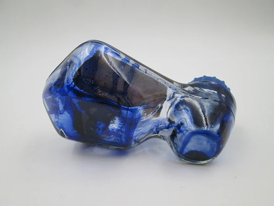 Rare Montblanc Nº 29 shoe-shaped inkwell. Cut crystal and blue plastic lid. 1960's