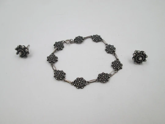 Regional jewelry sterling silver set. Bracelet and earrings. Charro buttons. 1970's