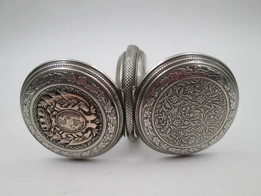 Regulador D.G. hunter-case pocket watch. Sterling silver. Castilla y Leon shield. 1910's