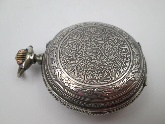 Regulador D.G. hunter-case pocket watch. Sterling silver. Castilla y Leon shield. 1910's