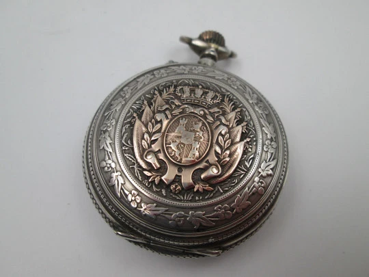 Regulador D.G. hunter-case pocket watch. Sterling silver. Castilla y Leon shield. 1910's