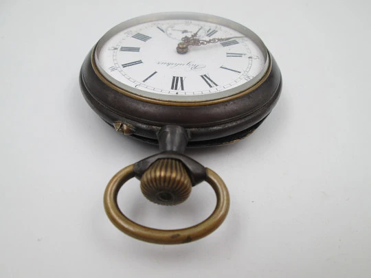 Regulateur open-face pocket watch. Iron and gold plated. Pin-set movement. Swiss. 1900's