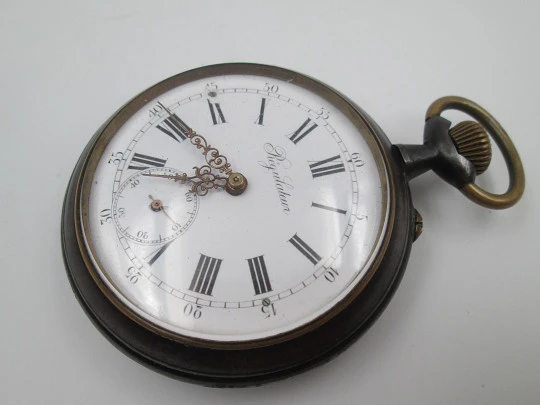 Regulateur open-face pocket watch. Iron and gold plated. Pin-set movement. Swiss. 1900's