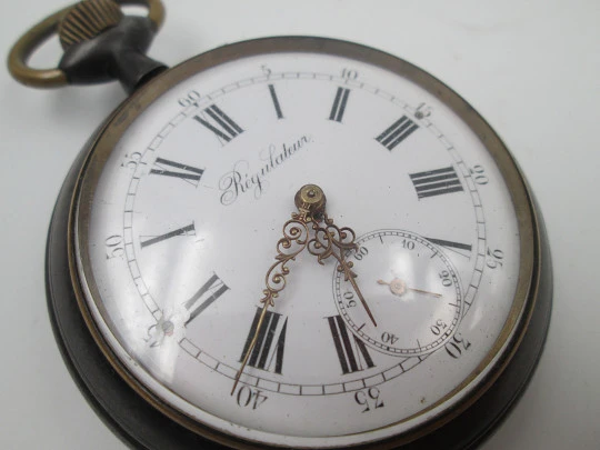 Regulateur open-face pocket watch. Iron and gold plated. Pin-set movement. Swiss. 1900's