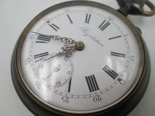 Regulateur open-face pocket watch. Iron and gold plated. Pin-set movement. Swiss. 1900's