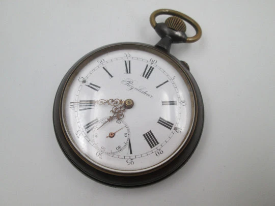 Regulateur open-face pocket watch. Iron and gold plated. Pin-set movement. Swiss. 1900's