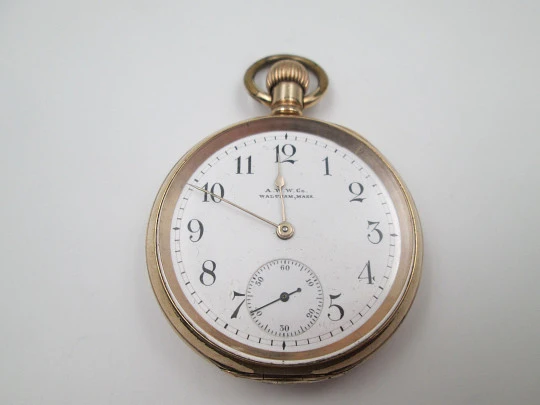 Reloj bolsillo American Waltham / Dennison. Chapado oro. Esfera porcelana. Remontoir