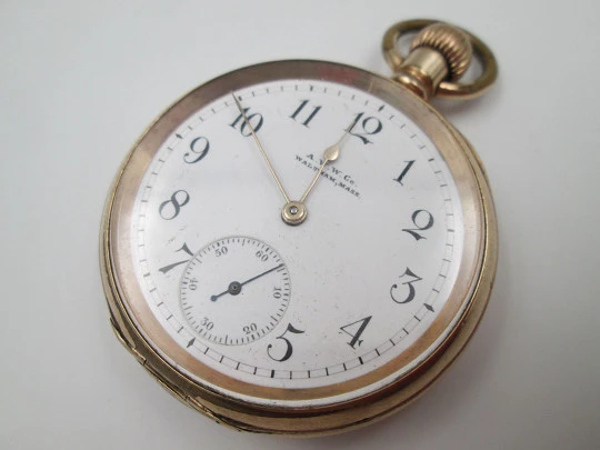 Reloj bolsillo American Waltham / Dennison. Chapado oro. Esfera porcelana. Remontoir