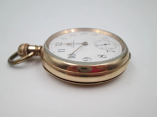 Reloj bolsillo American Waltham / Dennison. Chapado oro. Esfera porcelana. Remontoir