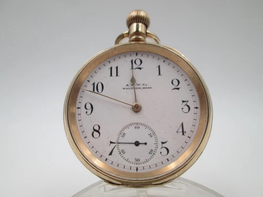 Reloj bolsillo American Waltham / Dennison. Chapado oro. Esfera porcelana. Remontoir