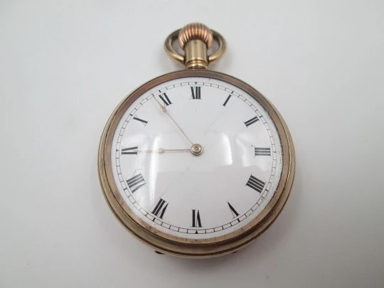 Reloj bolsillo American Waltham. Chapado en oro. Esfera porcelana. Remontoir. 1910