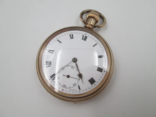 Reloj bolsillo Dennison. Metal chapado oro. Esfera porcelana. Remontoir. 1910