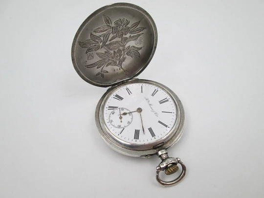 Reloj bolsillo H. Moser & Cie. Plata de ley. Cuerda remontoir. Tapas decoradas, 1880