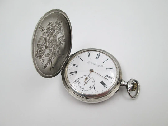 Reloj bolsillo H. Moser & Cie. Plata de ley. Cuerda remontoir. Tapas decoradas, 1880