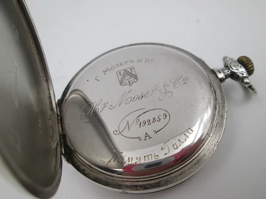 Reloj bolsillo H. Moser & Cie. Plata de ley. Cuerda remontoir. Tapas decoradas, 1880